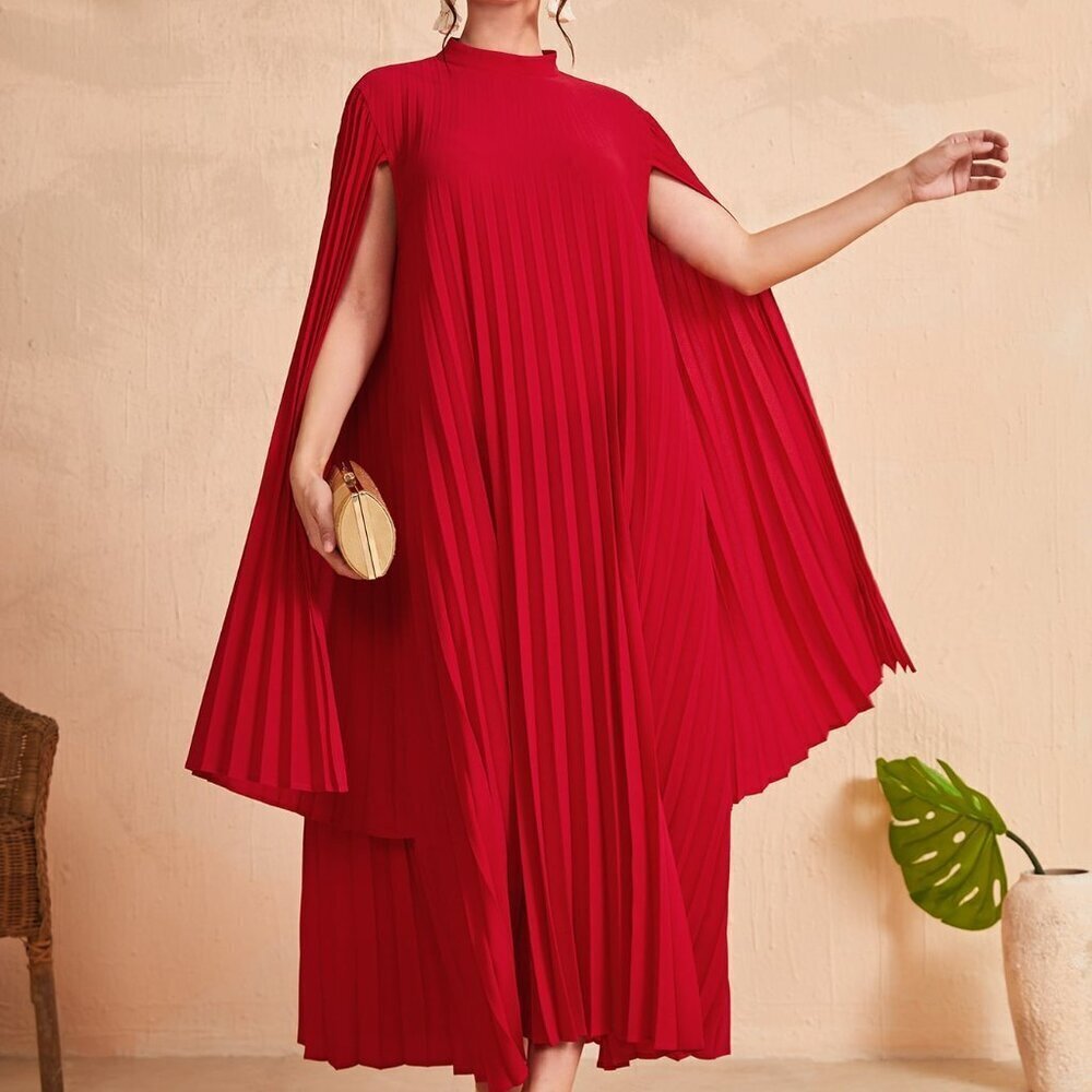Red Party Women's Stand Collar Cloak Sleeve Dress